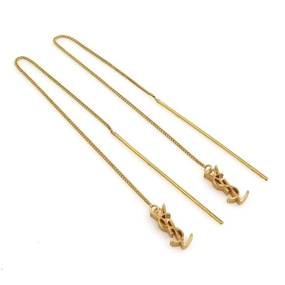 Auth SAINT LAURENT YSL Logo Chain Pierce Earrings Gold Metal - Picture 1 of 11